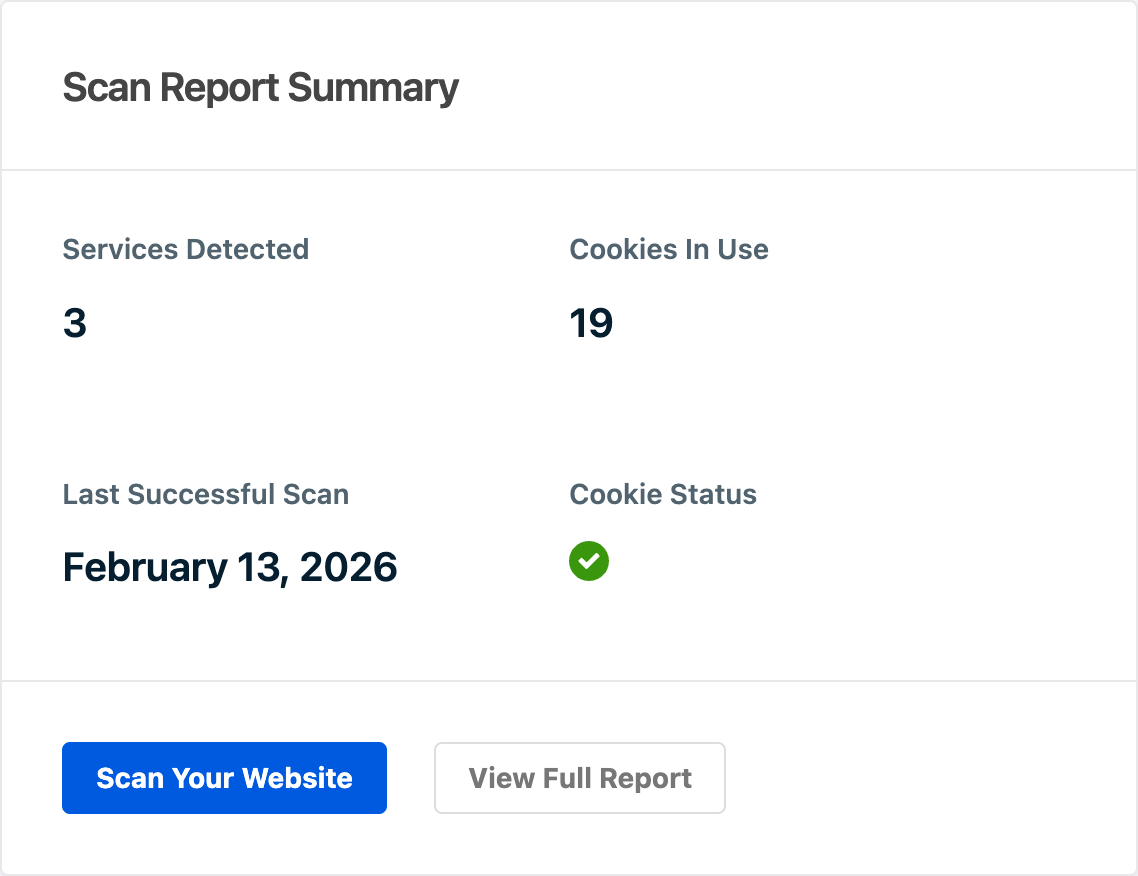 Scan report summary showing services detected, cookies in use, last scan date, and cookie status