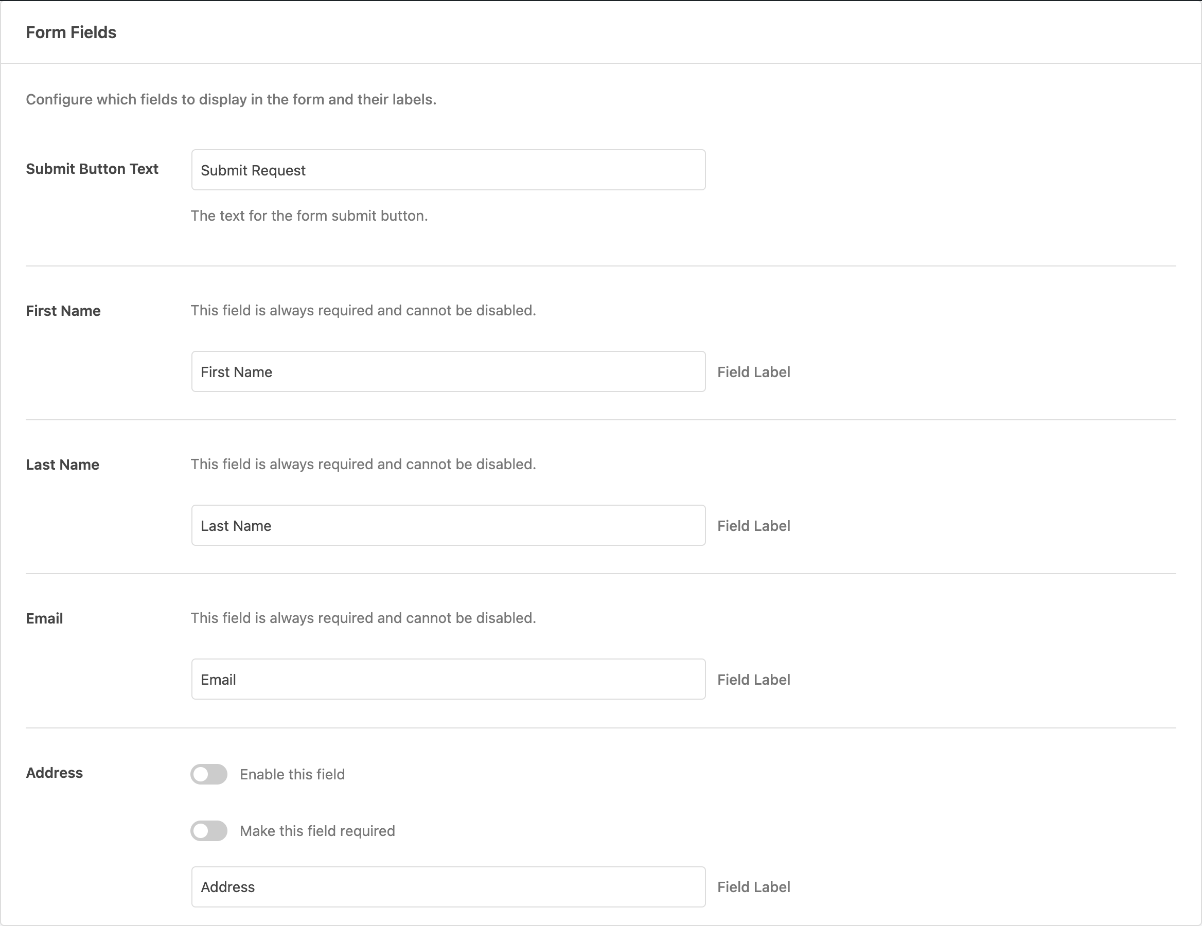 Form fields configuration