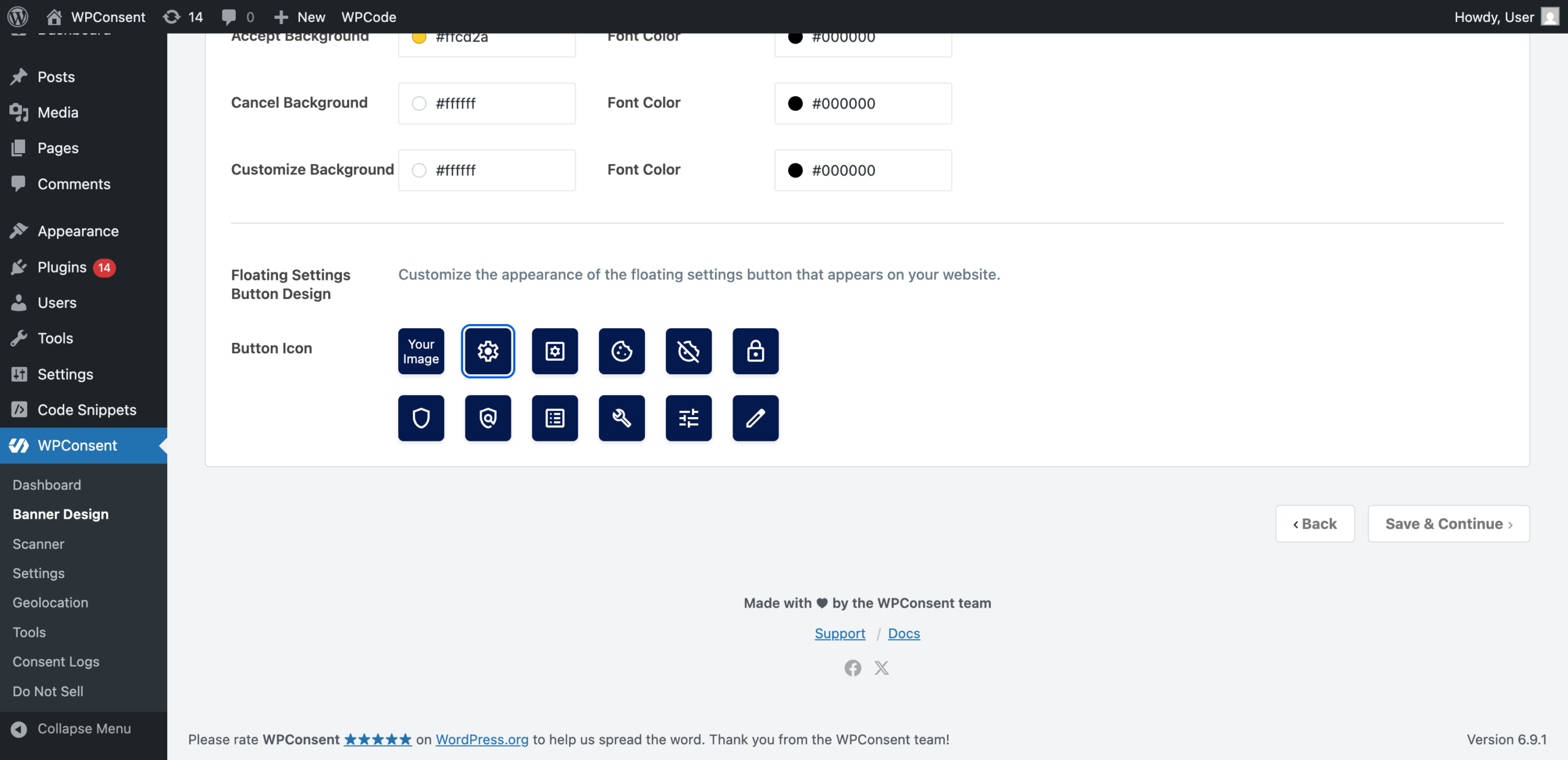The icon picker grid for the floating consent button