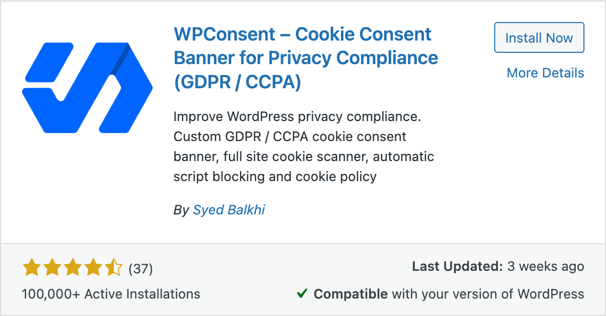 Resultados de búsqueda que muestran el plugin WPConsent en el repositorio de plugins de WordPress