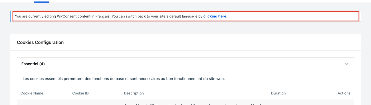 The language notice and cookie categories in a non-default language