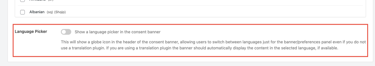 Language Picker toggle on the Languages settings page
