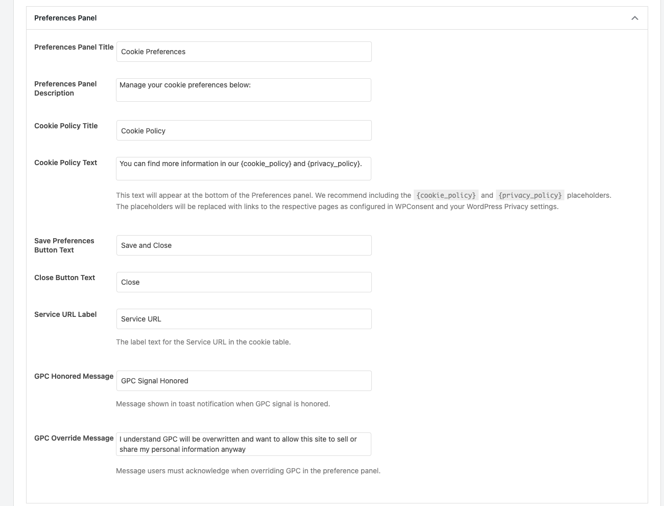 The Preferences Panel accordion in the Content tab showing all customizable text fields