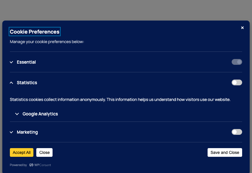 The preferences panel overlay showing cookie categories, toggles, and action buttons