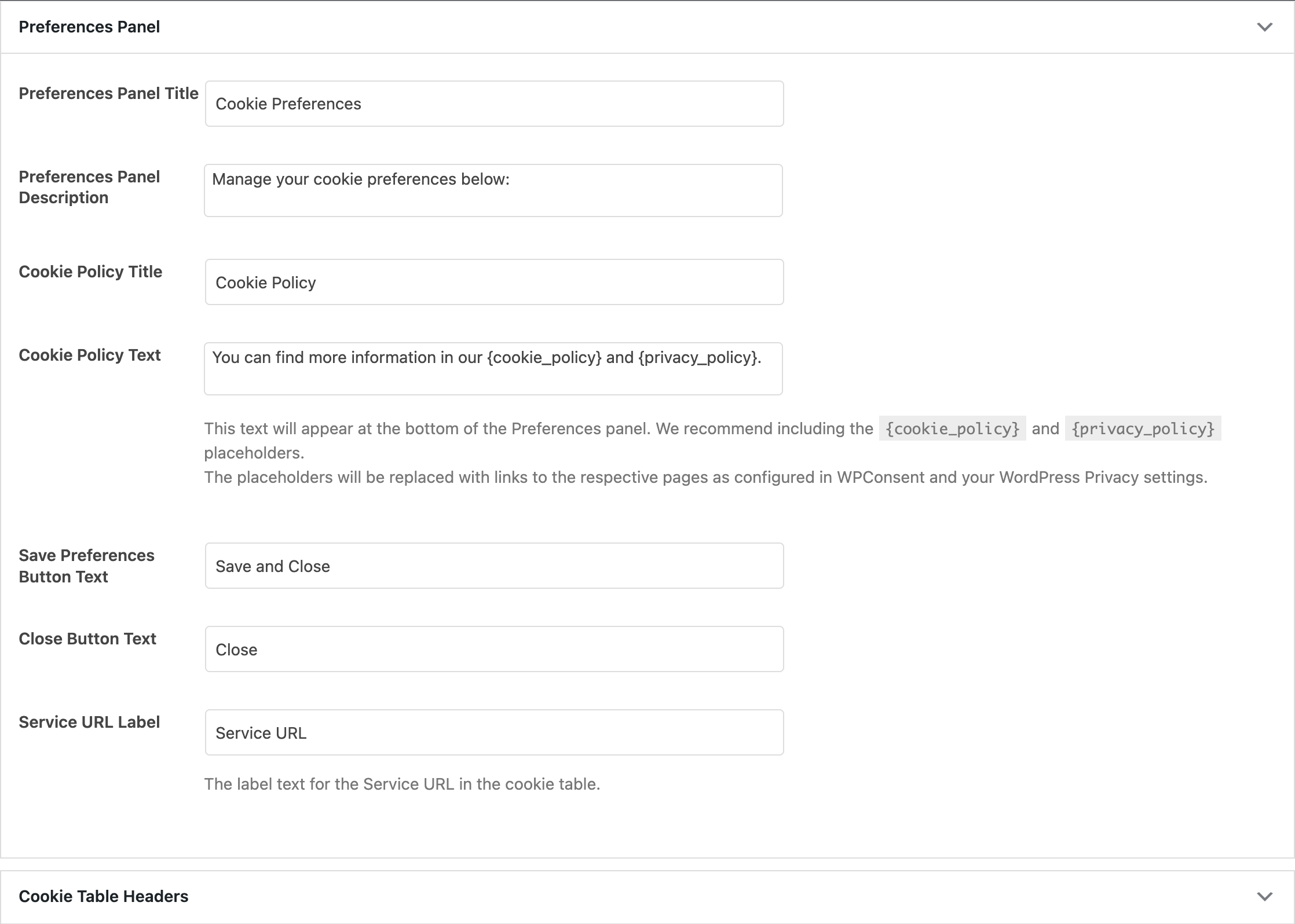 The Preferences Panel accordion expanded with all text fields visible