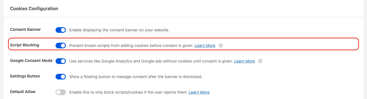 Script blocking settings in the WPConsent admin