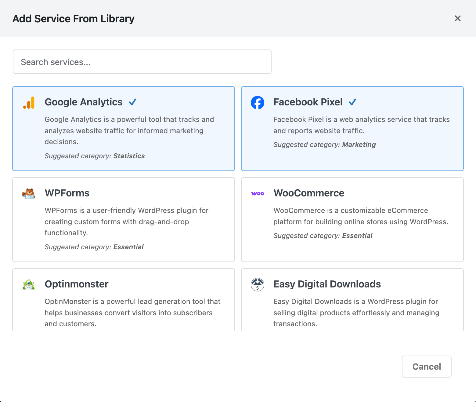 The Services Library modal showing a searchable service list