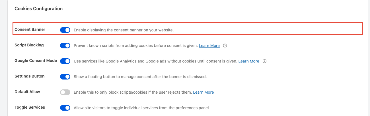 The Consent Banner toggle at the top of the settings page