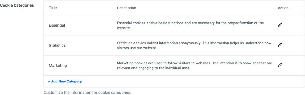 settings cookie categories