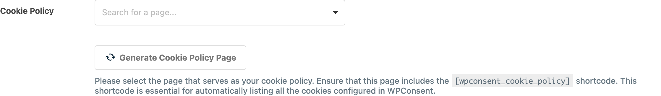 The Generate Cookie Policy Page button
