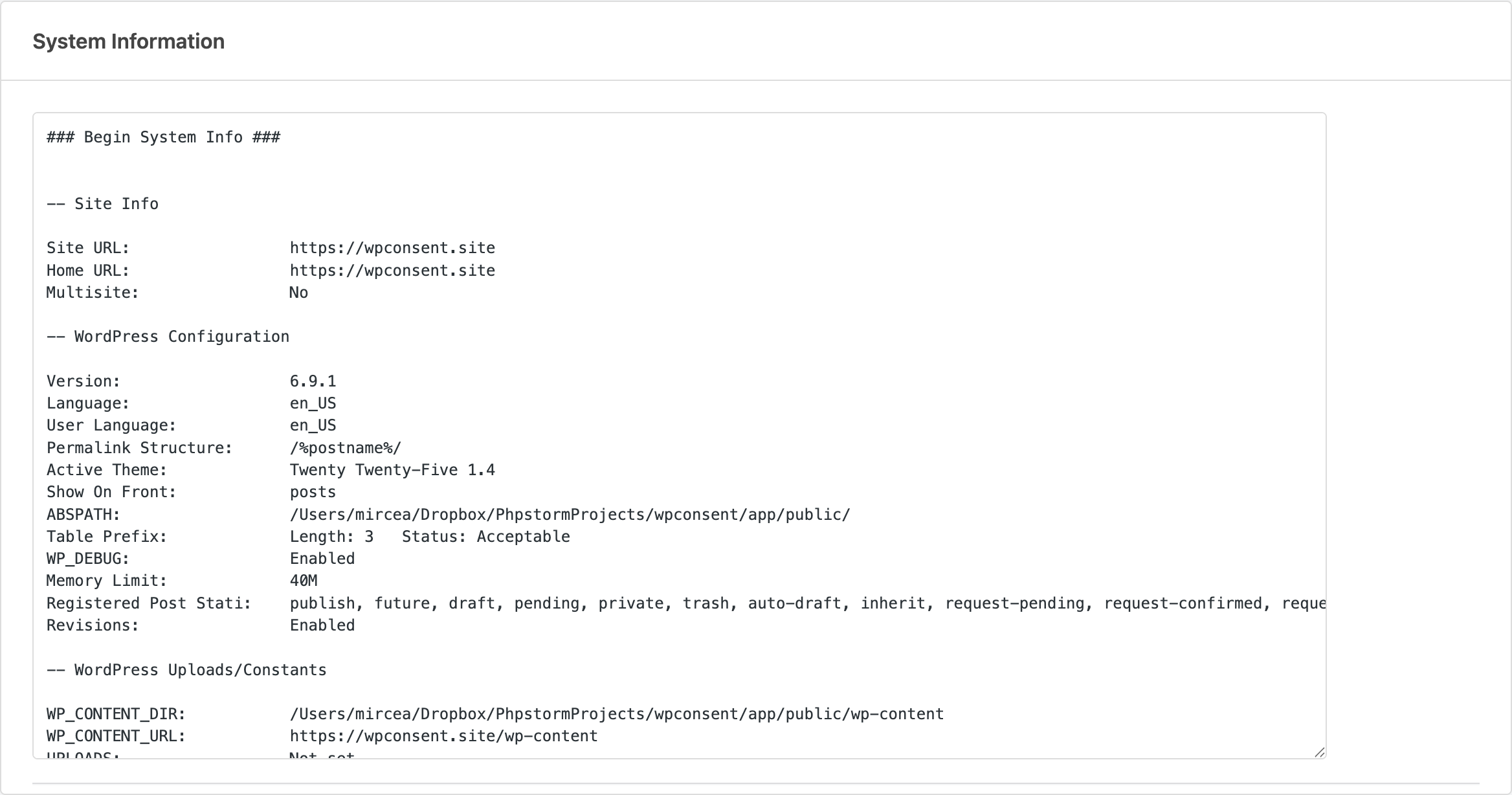 The System Info tab showing detailed environment information
