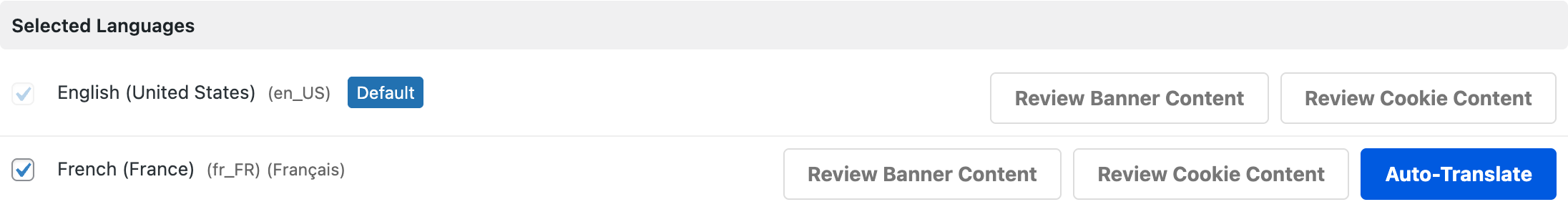 Languages page with auto-translate button