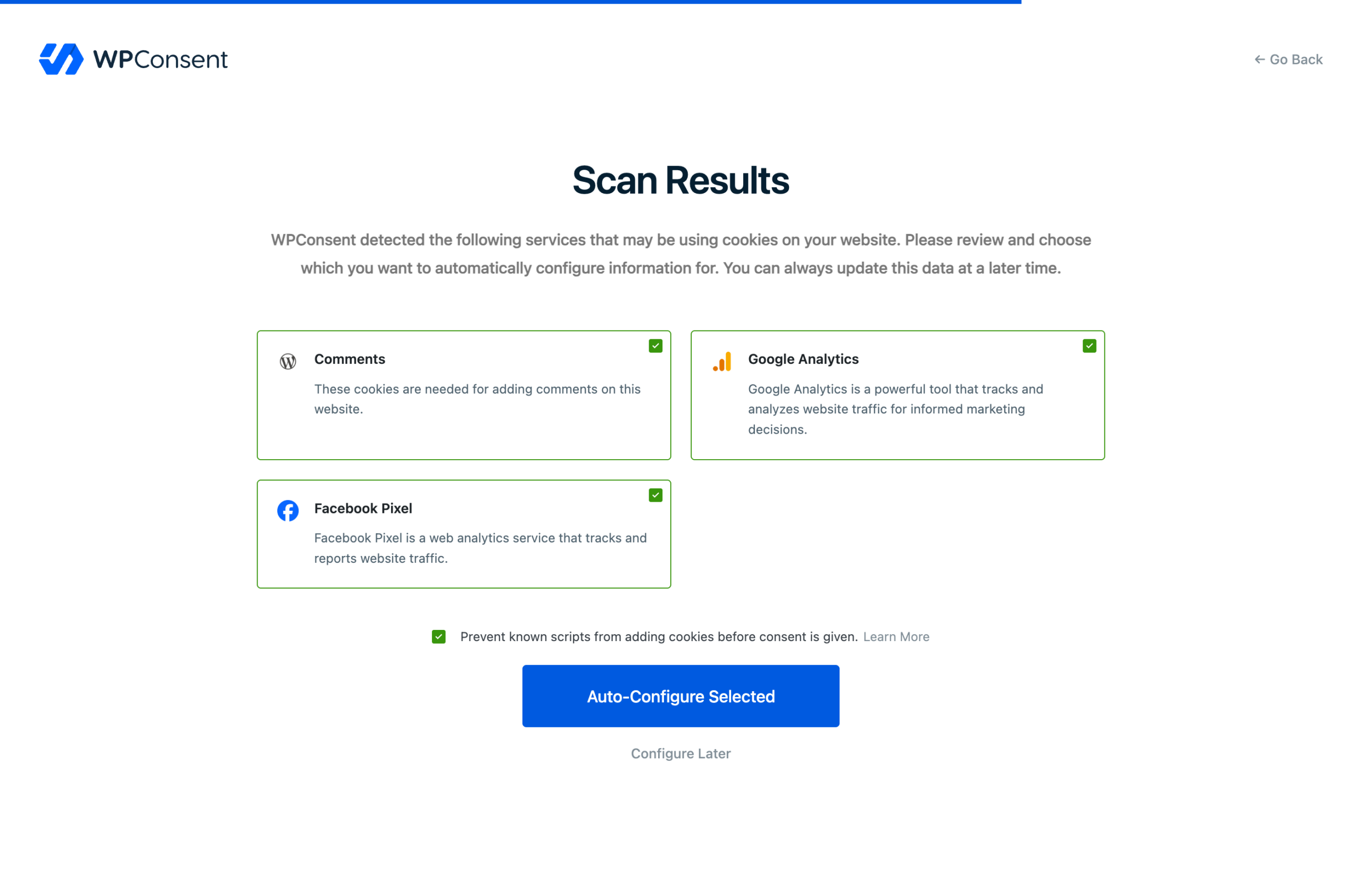 Scan results showing detected services with checkboxes and an auto-configure button