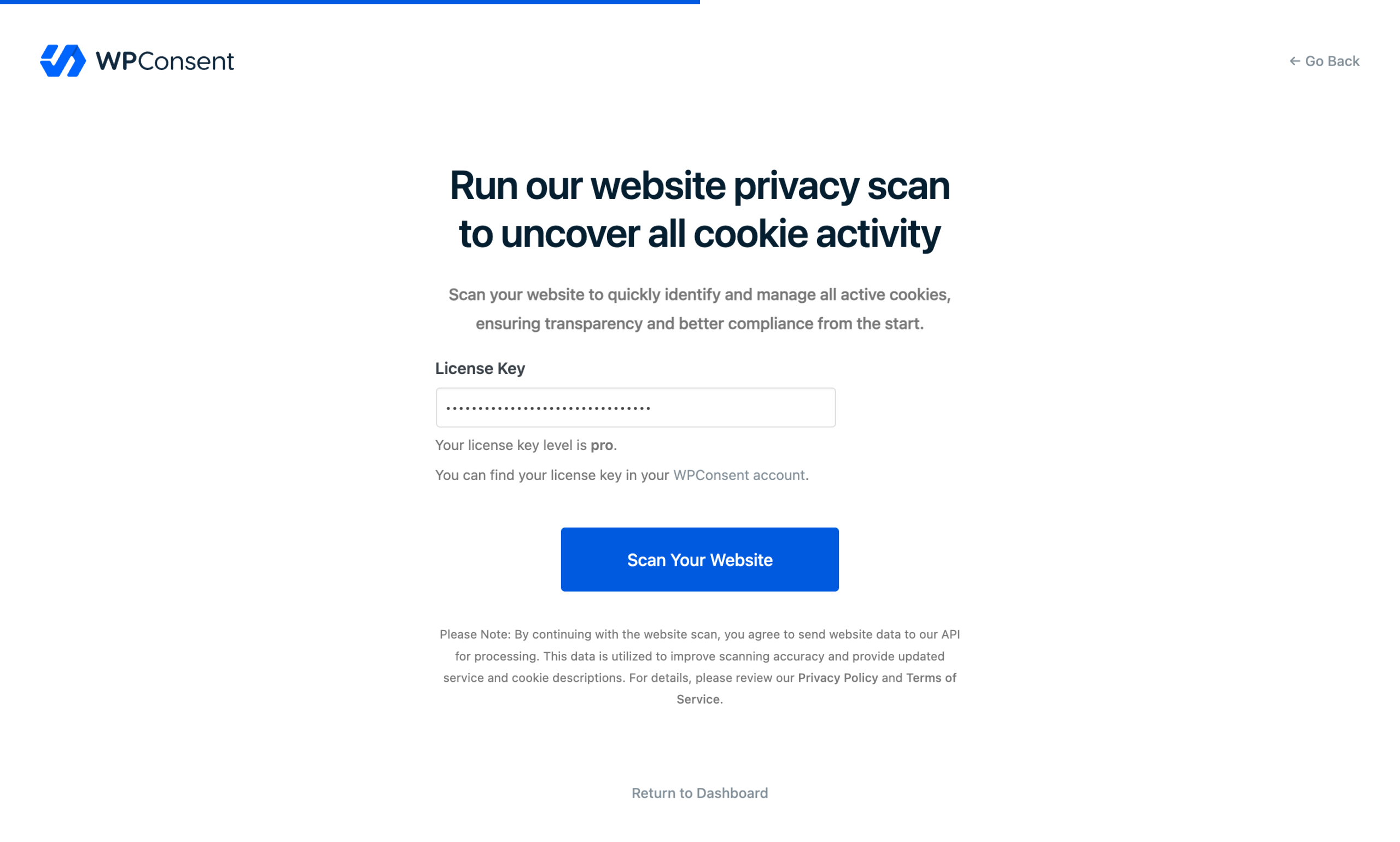 The scan step with the email or license key field and the Scan Your Website button