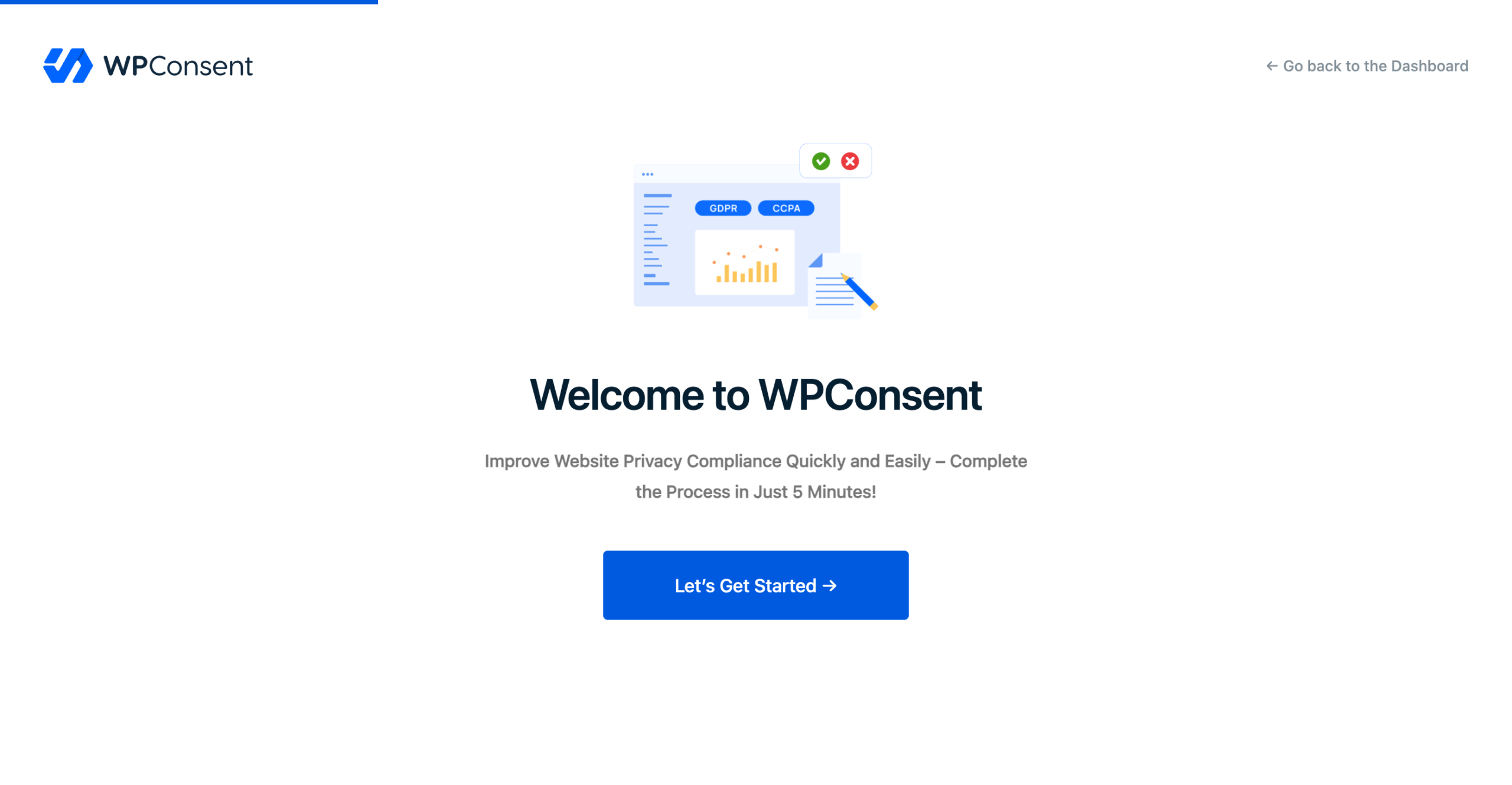 The setup wizard welcome screen with the WPConsent logo and a Let's Get Started button