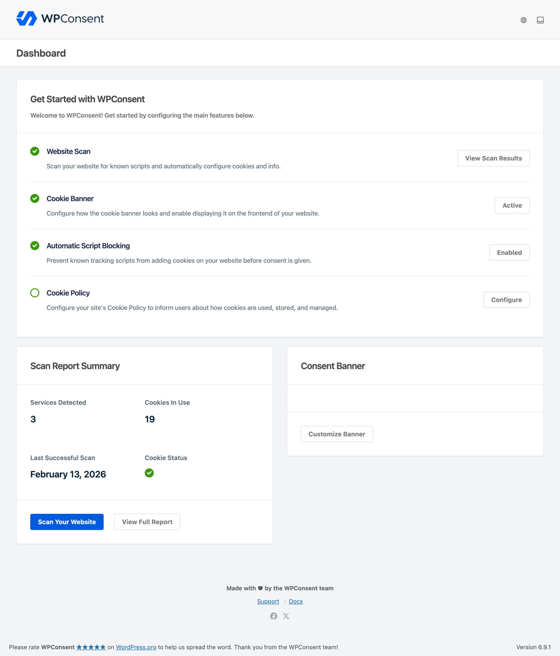 The WPConsent dashboard showing a compliance overview