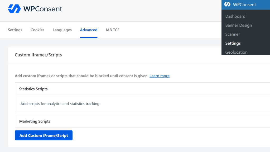 WPConsent lite advanced tab