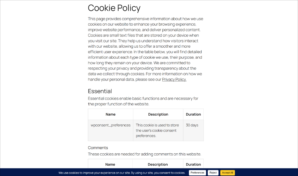 New styled cookie policy page