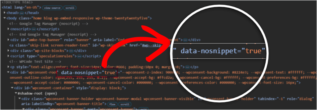 banner data nosnippet attribute