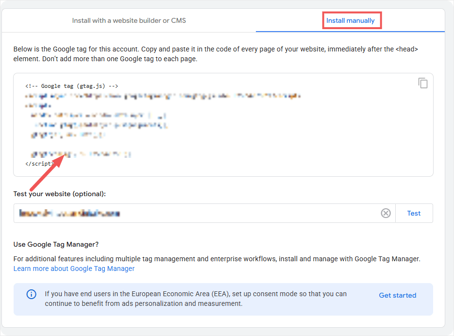Wechseln Sie zum Tab "Manuell installieren" und kopieren Sie Ihren Google Tag-Code