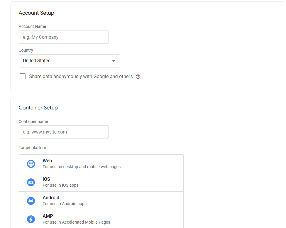 gtm account container setup web