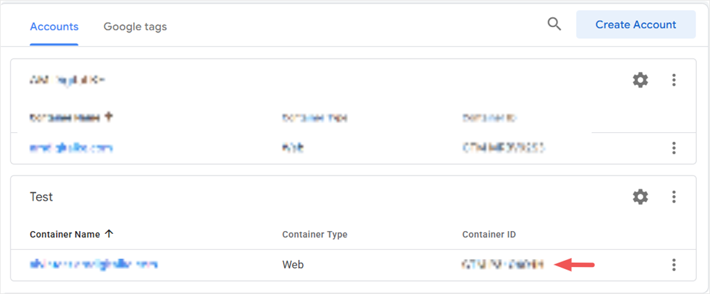 gtm accounts list container id
