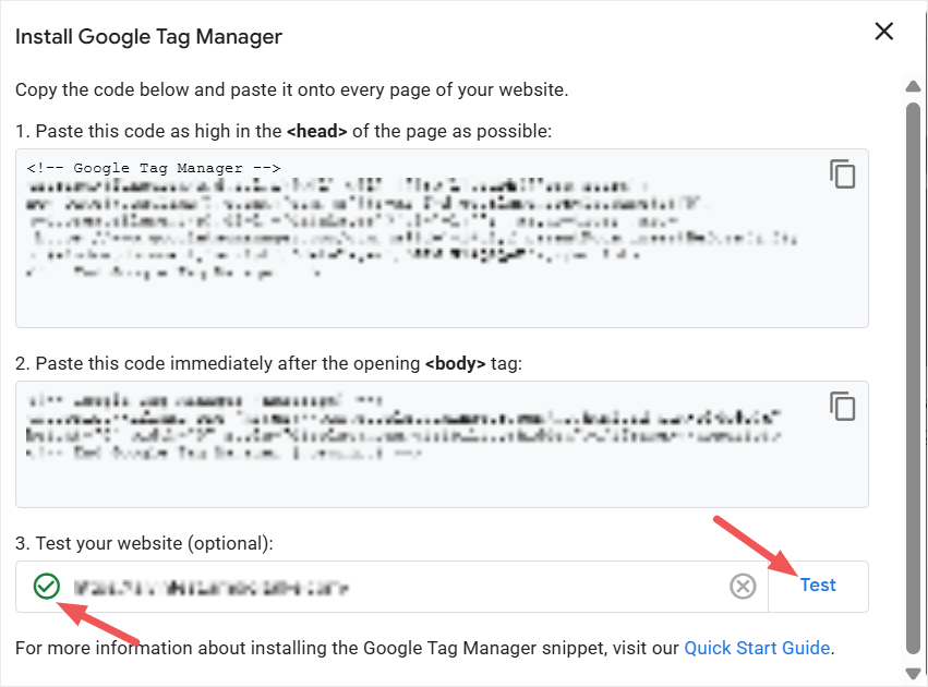 gtm install test site green tick