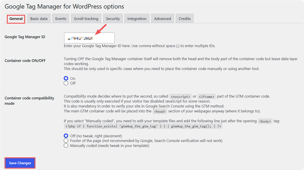 gtm4wp settings container id save