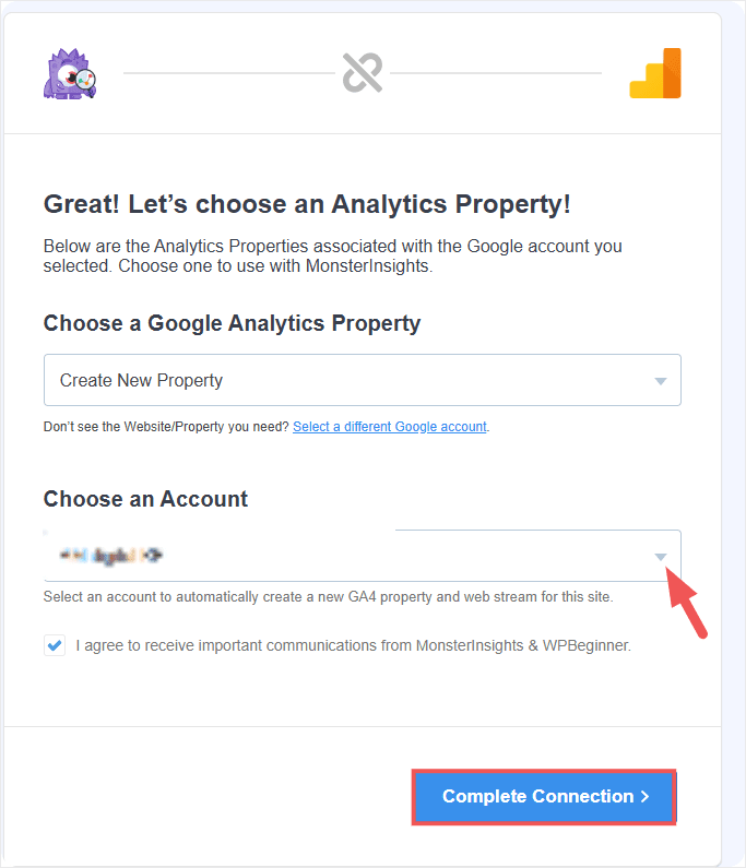 Wählen Sie das Google-Konto aus, das mit Ihrer Analytics-Property verknüpft ist, und erteilen Sie die Berechtigungen.