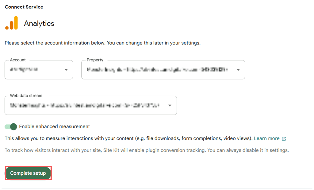 Wählen Sie Ihr Analytics-Konto, Ihre Property und Ihren Datenstream aus, um die Verbindung abzuschließen.