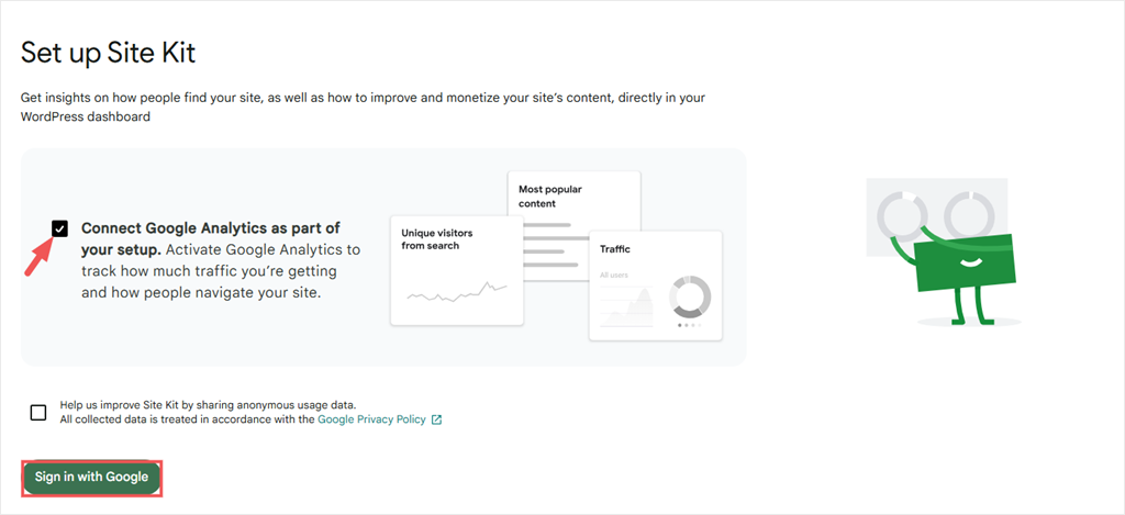 Aktivieren Sie die Option "Google Analytics" und klicken Sie auf "Mit Google anmelden", um zu beginnen
