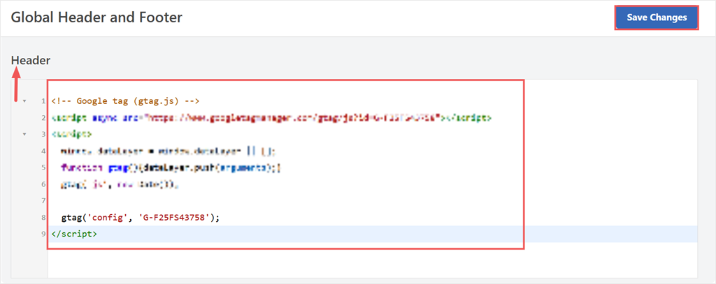 Fügen Sie Ihren Google Tag in den Header-Bereich in wpcode ein und speichern Sie