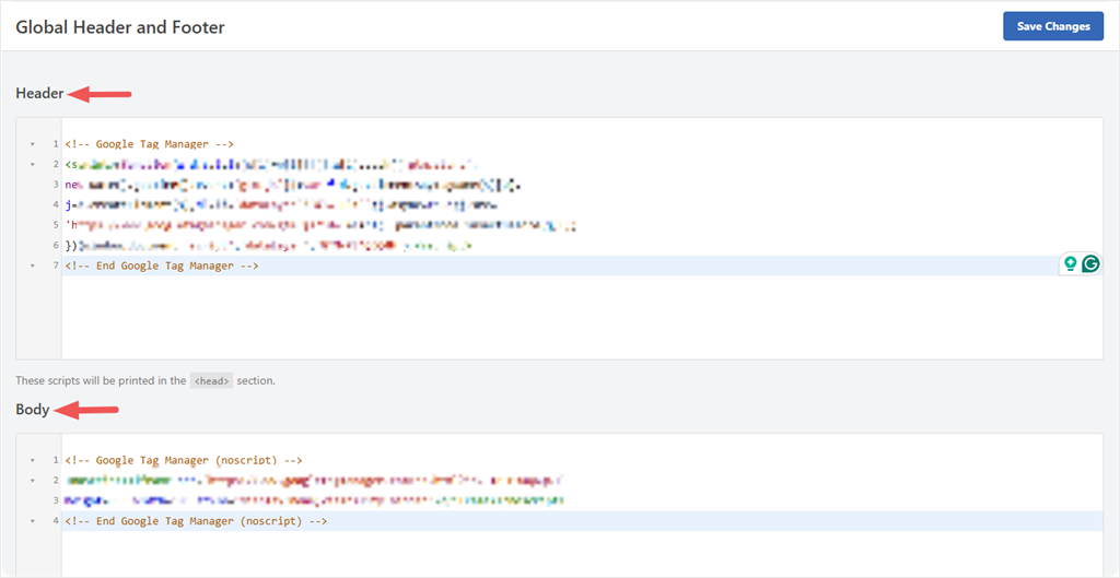 wpcode header footer gtm code pasted
