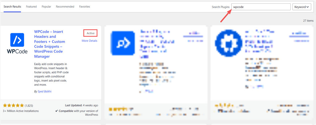 Suchen Sie im Plugin-Verzeichnis nach wpcode und installieren Sie es