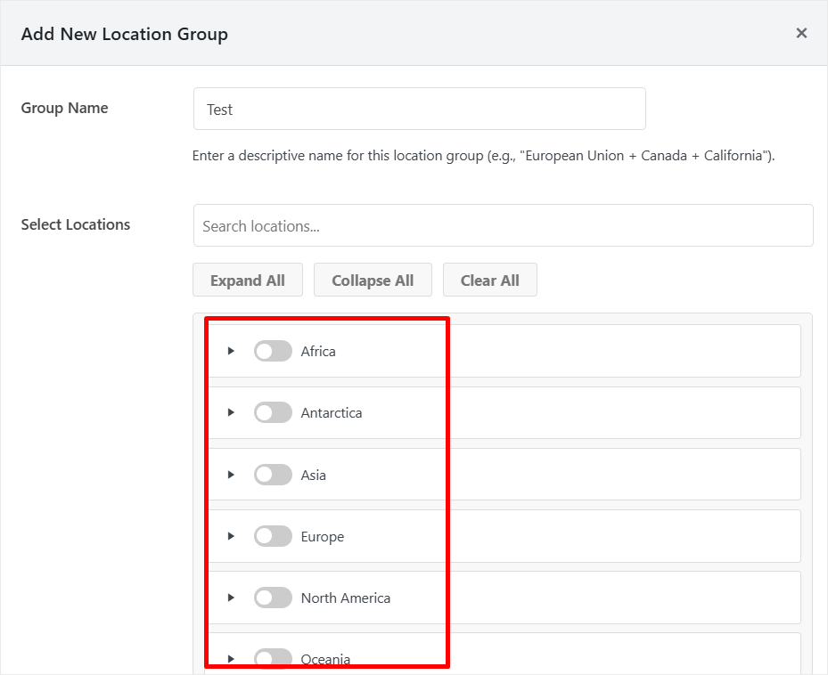 wpconsent add location group continent toggles