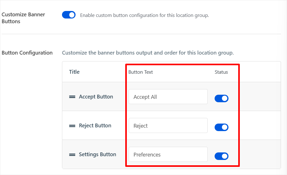 wpconsent banner button configuration