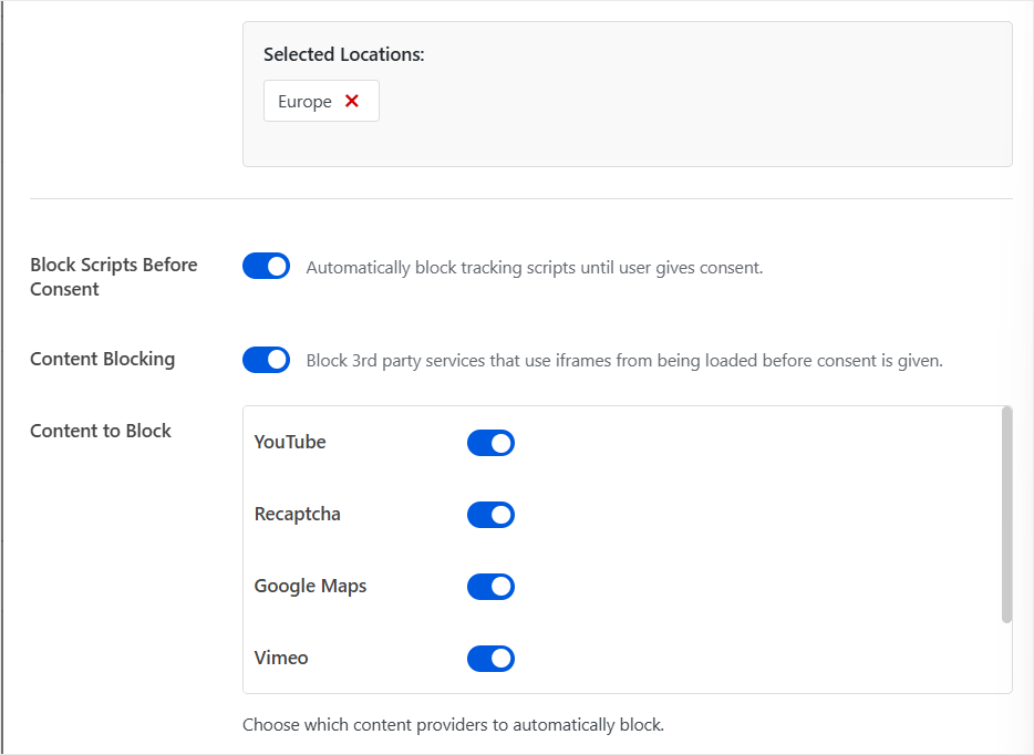 wpconsent gdpr content blocking prefilled