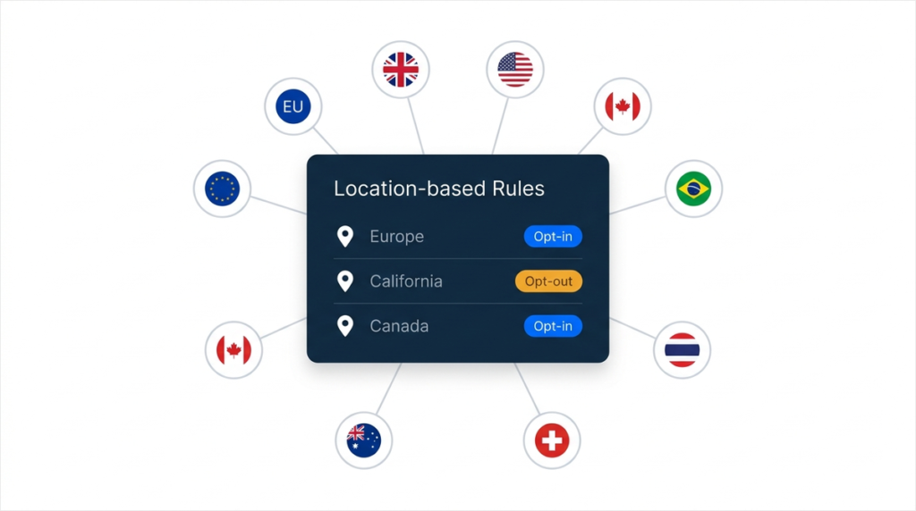 wpconsent location based rules one screen all countries