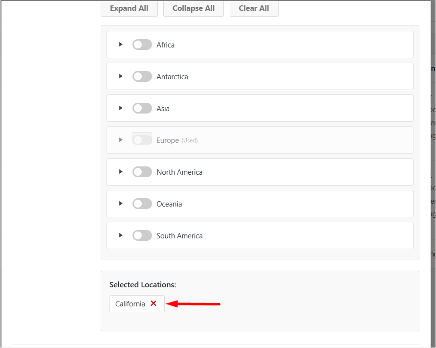 Filter panel with continent toggles; California is selected (remove with X).
