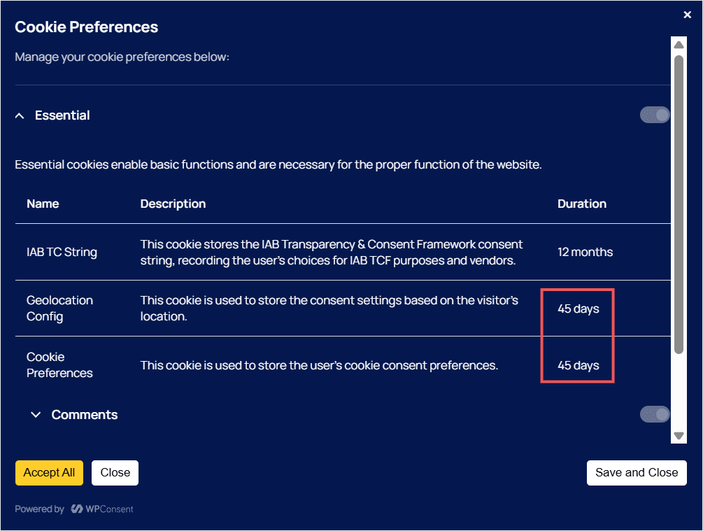 consent duration panel set 45 days