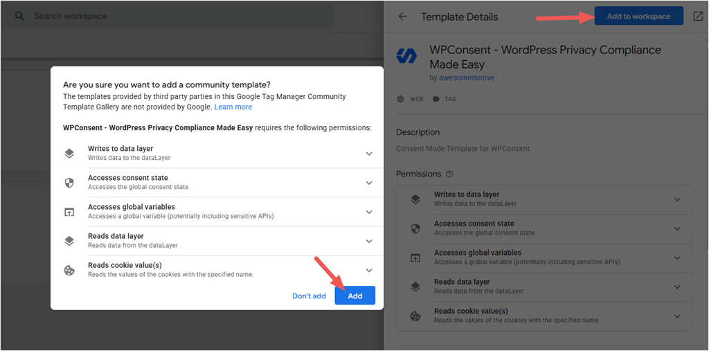 gtm add template to workspace confirm