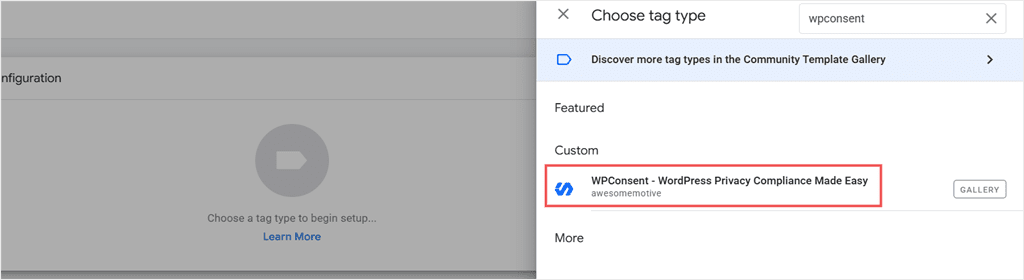 gtm choose tag type wpconsent