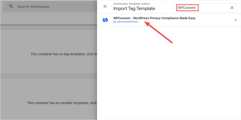 gtm import template search wpconsent