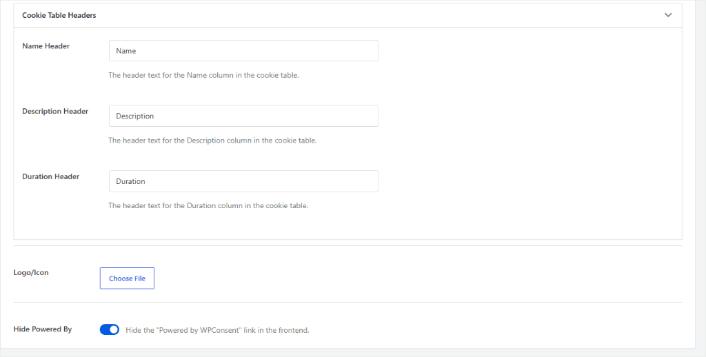 Settings panel to customize cookie table headers: Name, Description, Duration, plus a logo upload and a toggle to hide 'Powered by'.