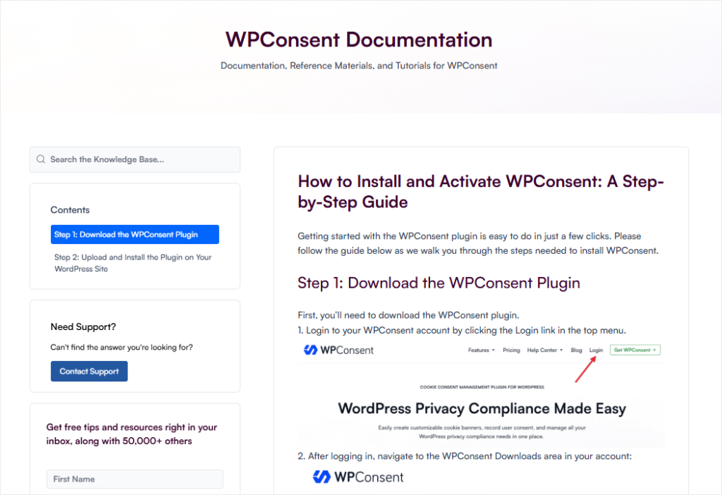 WPCConsent Documentation homepage: header, left search/Contents cards, and main article about installing the plugin