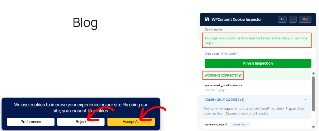 Blog page with a large heading; a bottom cookie consent bar and an on‑screen WPConsent Cookie Inspector showing the 'Accept All' option highlighted on the right.