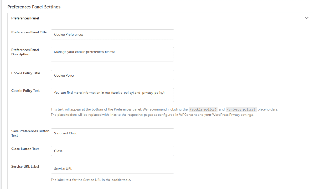 Preferences Panel Settings form with fields for title, description, cookie policy title/text, and button labels (Save, Close).
