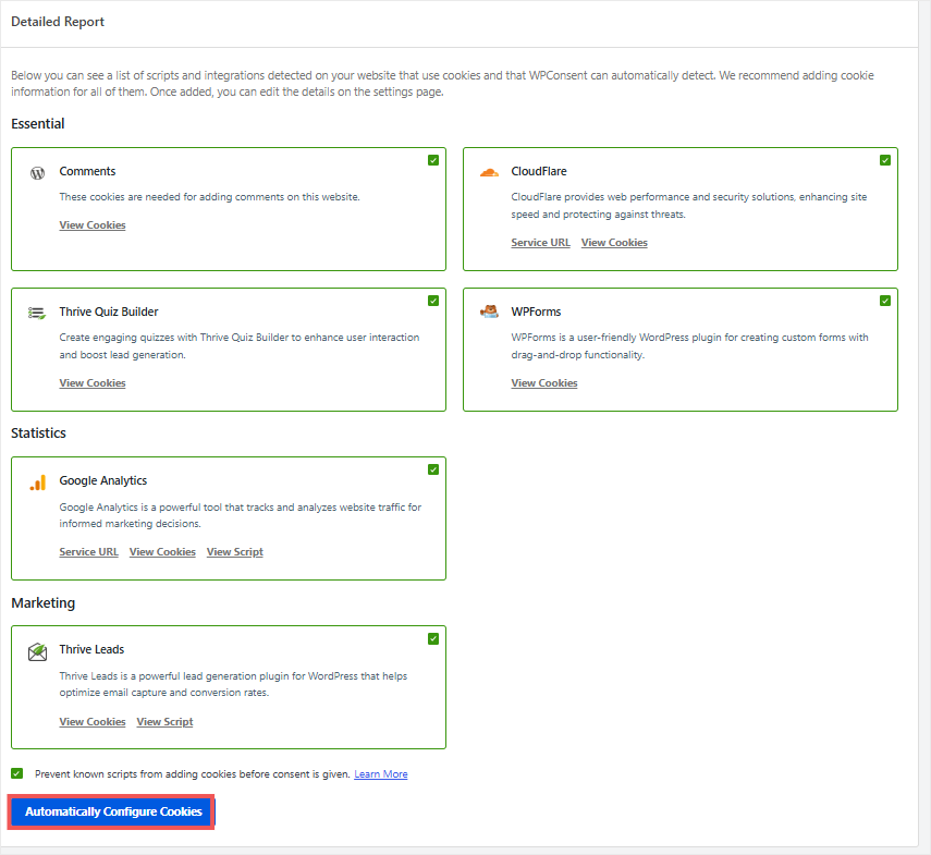 Screenshot of a Detailed Report panel showing website cookies settings with sections Essential, Statistics, Marketing and a blue 'Automatically Configure Cookies' button; each category has green checkmarks and descriptions such as Comments, CloudFlare, Google Analytics, Thrive Leads, WPForms, and Thrive Quiz Builder.