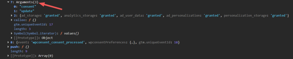 Developer tools console: Arguments(3) with two strings 'consent' and 'update' and an object showing granted storage permissions (ad_storage, analytics_storage, ad_user_data, personalization_storage).