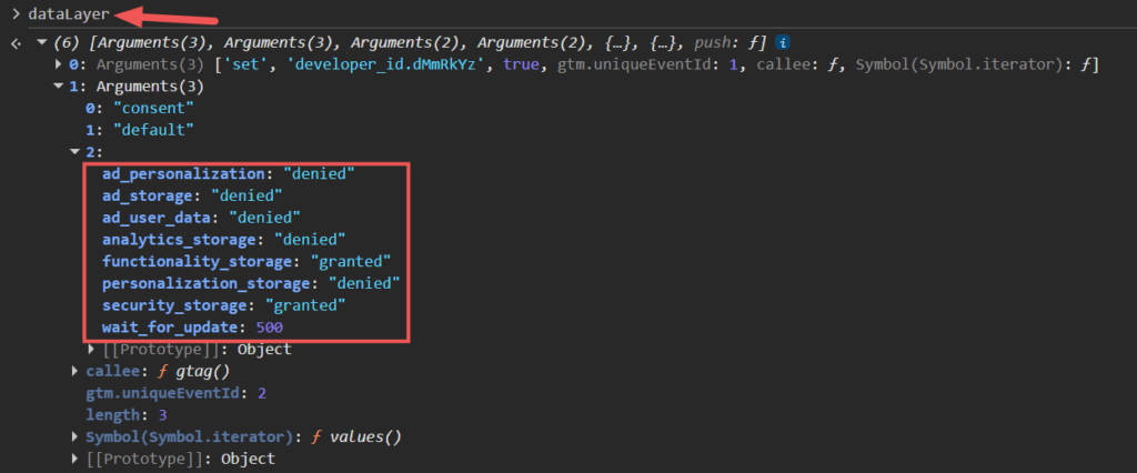 Screenshot of dataLayer consent flags in dev tools: ad_personalization, ad_storage, ad_user_data, analytics_storage, personalization_storage denied; functionality_storage and security_storage granted; wait_for_update 500.